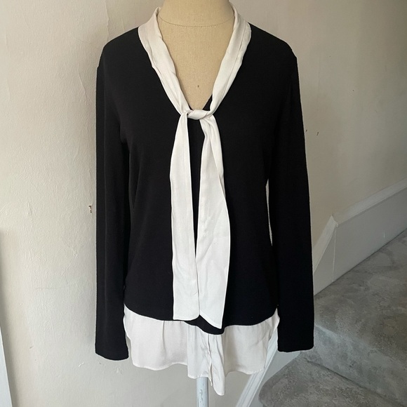 DREW Mixed Media Layered Silk Combo Tie Neck Black Sweater Size XS - Picture 1 of 9